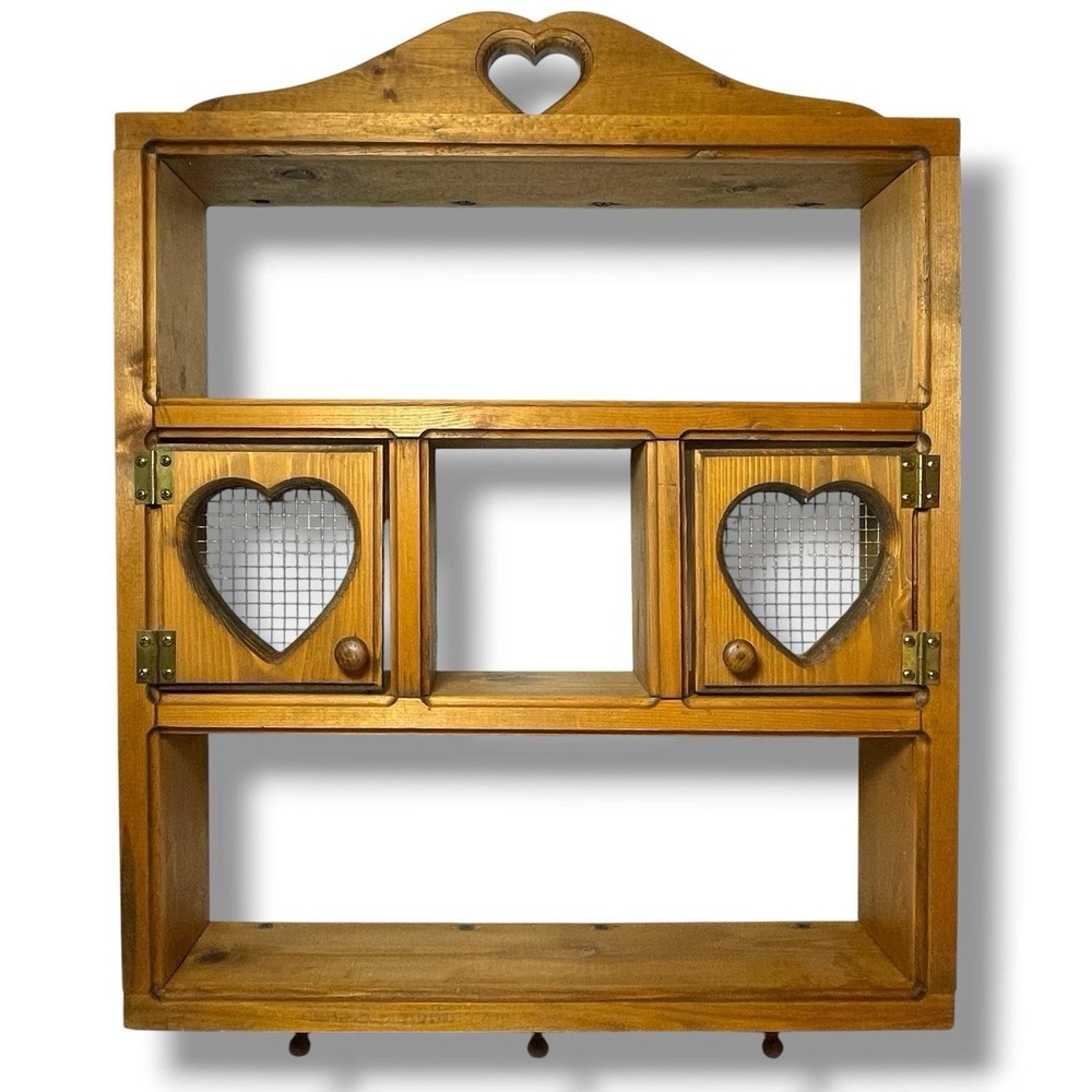 Cottagecore Rustic Primitive Wooden Heart Wall Cabinet Shelf Chicken Wire Doors - Picture 2 of 16